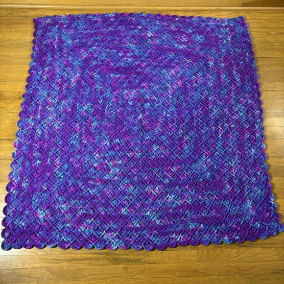 Handmade Crochet Blue Purple Pink Granny Square Style Retro Afghan Blanket VTG - Picture 3 of 8